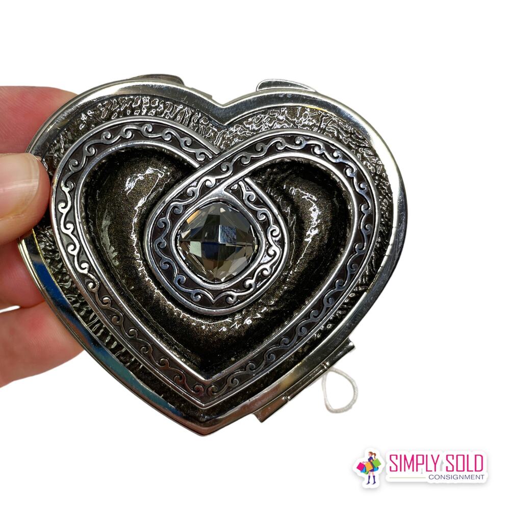 Brighton Mirror Compact Heart Venus Rising Silver Floral Rhinestones NWT